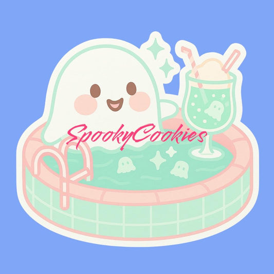Kawaii Ghost Pool Sticker – Cute Summer Ghost in Kiddie Pool with Melon Soda Float Drink