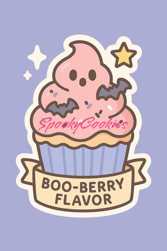 Boo-Berry Flavor Cupcake Sticker – Kawaii Ghost Frosting with Bat Sprinkles