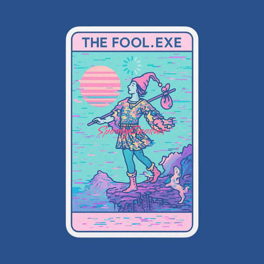 The Fool.EXE Sticker – Glitchy Vaporwave Tarot Card with Retro Digital Aesthetic