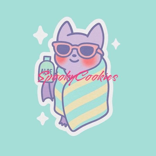Kawaii Sunburnt Bat Sticker – Cute Bat with Aloe, Sunglasses & Towel
