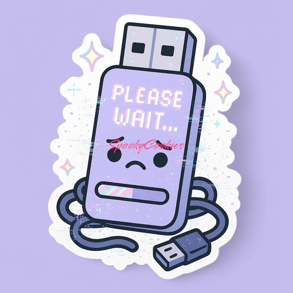 Please Wait... Sticker – Kawaii USB Stick with Glitchy Sad Face