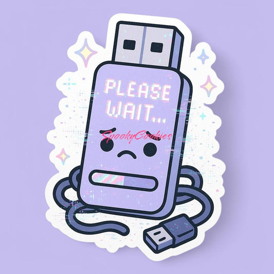 Please Wait... Sticker – Kawaii USB Stick with Glitchy Sad Face