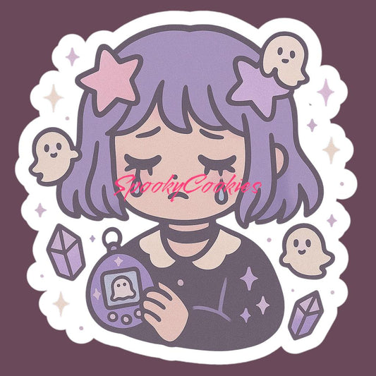 Kawaii Sad Girlcore Sticker – Pastel Goth Girl with Tamagotchi and Ghosts