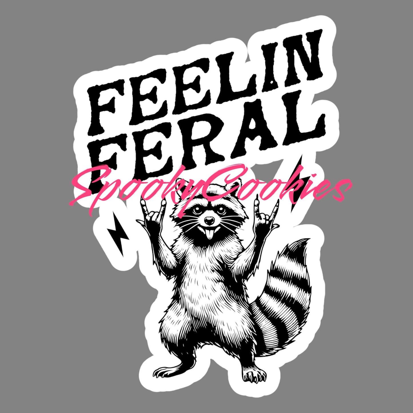 Feeling Feral’ Raccoon Sticker – Funny Trash Panda Rock On Decal, Wild Animal Humor