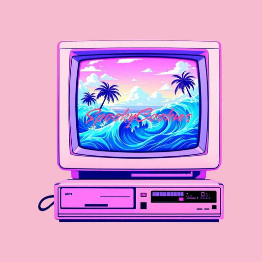 Neon Vaporwave Beach Sticker CRT Computer - Retro Aesthetic Summer Vibes